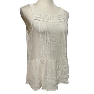 EMBER Top Sleeveless Blouse Summer, Medium Peplum Hem Crepe Lace Flowy- EUC